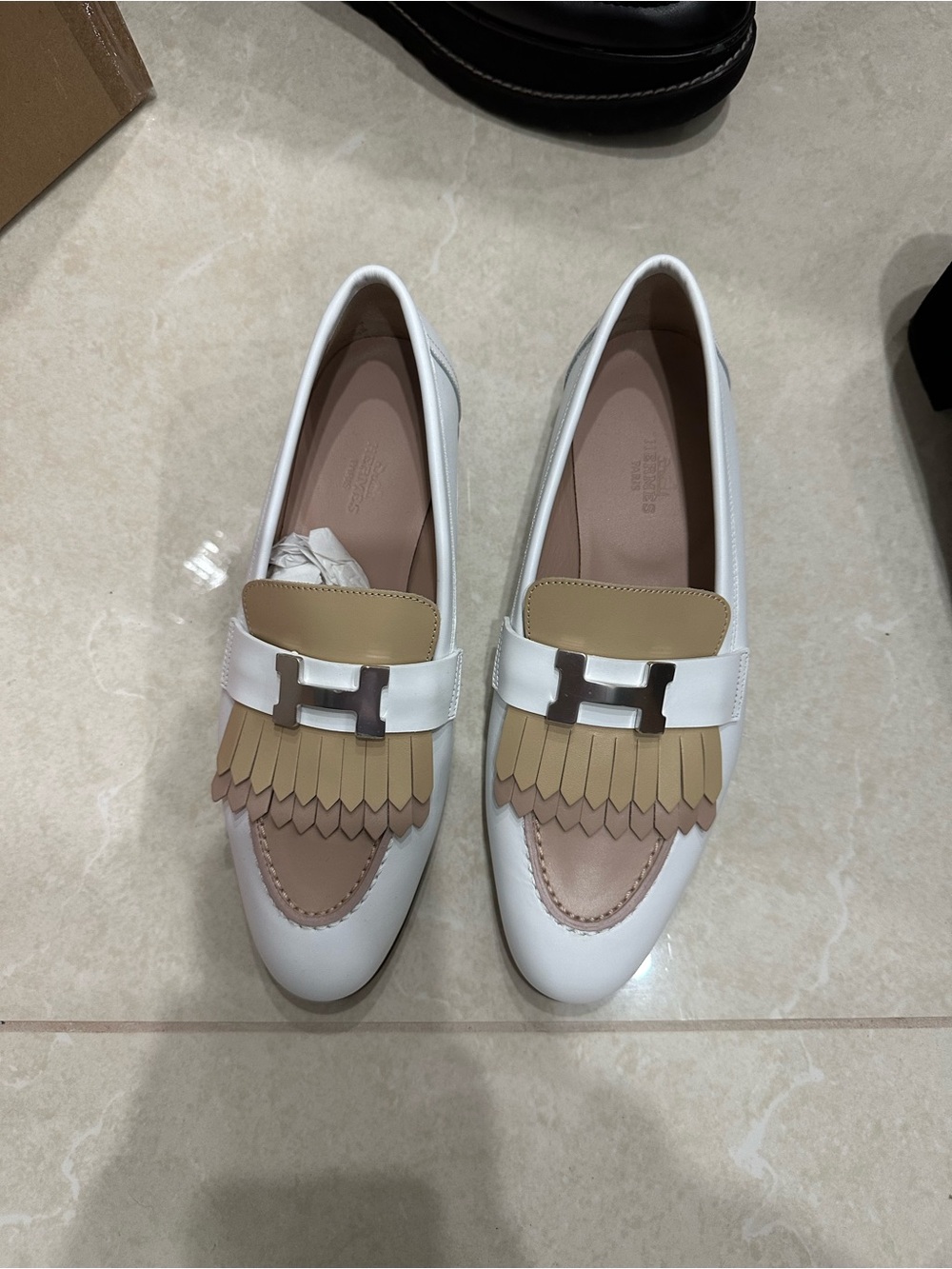 Hermes White Leather Fringe Loafers with Beige Accents - Picture 1 of 2